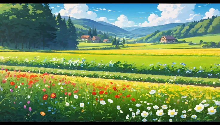 Lofi Summer Landscapes , studio ghibli inspired , A wide field of flowers