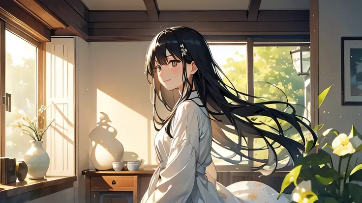 An elegant and refined woman、Wearing a white floral dress、Gently open the window。Her long black hair is、Swaying in the breeze、A gentle smile on her face reflects a calm mood.。From the window、Fresh green leaves shining with morning dew are illuminated by th...