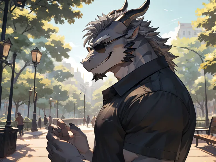 Masterpiece, Solo, (Grey dragon, pitch black glasses covering eyes, Medium Grey hair, Medium facial Grey hair, A Pair of white horns) Muscular Body, Handsome, Good Looking, Adult, Fierce, Grinning, right hand touching head, looking to the sky, casual shirt...