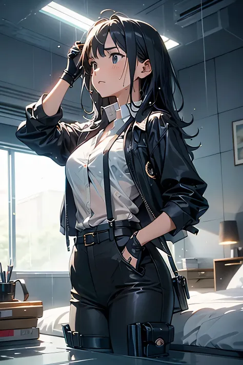 1 female, , high quality, masterpiece, Ultra-high resolution, , Cinema Lighting, , , And the suspenders with the cranes flying Large Breasts Small face holster Lying in bed Looking up Sweat belt summer 脇Sweat Black Hole Gloves su...