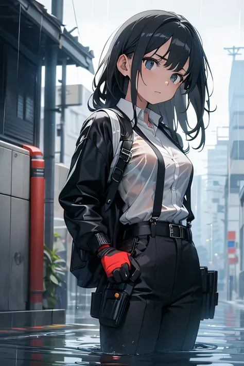1 female, , high quality, masterpiece, Ultra-high resolution, , Cinema Lighting, , , And the suspenders with the cranes flying Large Breasts Small face holster Lying in bed Looking up Sweat belt summer 脇Sweat Black Hole Gloves su...
