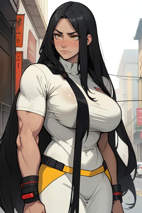 muscular black hair yellow eyes pale skin girl sad huge breasts blushing frown sweaty long straight hair long straight hair long straight hair long straight hair long straight hair