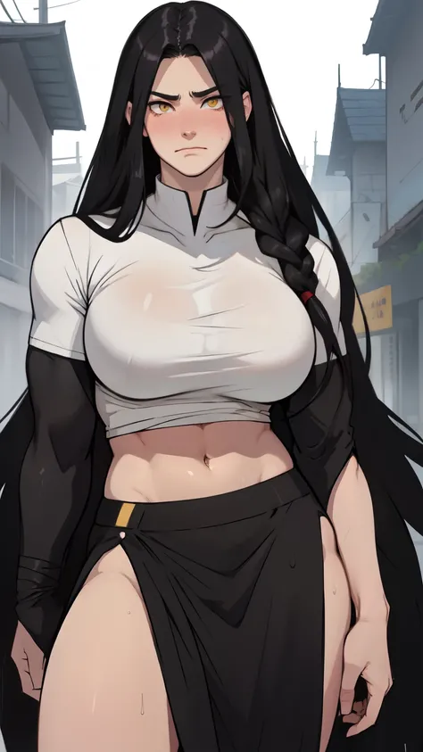 muscular black hair yellow eyes pale skin girl sad huge breasts blushing frown sweaty long straight hair long straight hair long straight hair long straight hair long straight hair