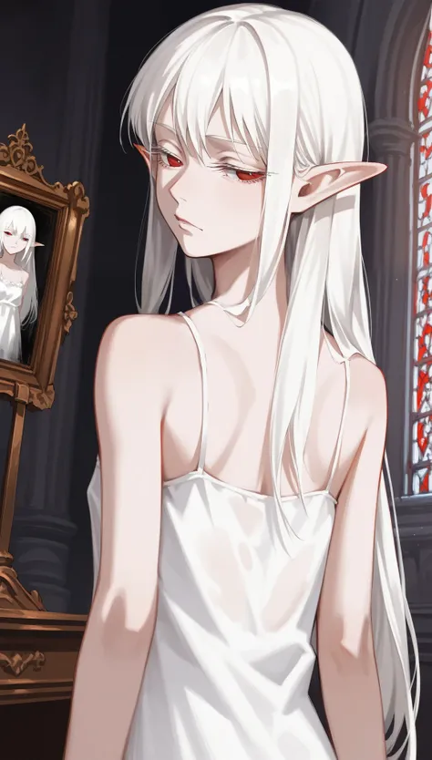 1girl, solo, front_view, Diabolical, Ruined palace in the distance, Gloomy painting style, behind her a gothic castle,
Anime Girls, (white long camisole), pale skin, albino, white long hair, elf ears, half closed eyes, red eye,
Score_9,Score_8,score_7_up,s...