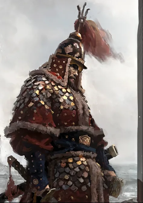 a detailed portrait of Yi Sun-sin, a Joseon era military commander, traditional korean armor, ornate headpiece, determined expression, weathered facial features, holding a sword, scenic landscape background, traditional korean architecture, muted color pal...