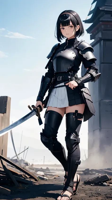 Black hair and eyes, full body armor, equipped with a navy blue hem and sukake-ire domaru, wearing sandals, full body, short-term decisive battle spec, holding a sword, white headband, no skin shown, background is brilliant, beautiful, lateral thinking, ma...