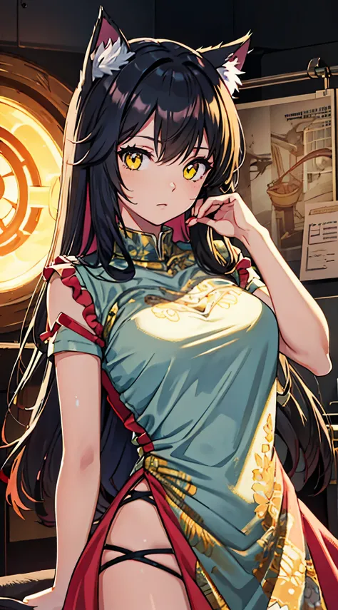 yellow eyes，A detailed eye，Glowing eyes,  cat ears, pink red dress