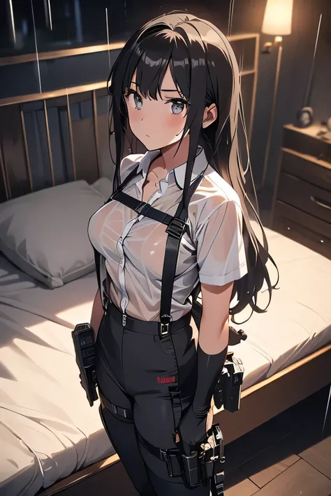 1 female, , high quality, masterpiece, Ultra-high resolution, , Cinema Lighting, , , And the suspenders with the cranes flying　　　Large Breasts　 　 　　　　Small face　 　　　holster　　　　　　　 Lying in bed　Looking up　　　　Sweat 　　　belt　summer　脇Sweat 　Black Hole Gloves　su...