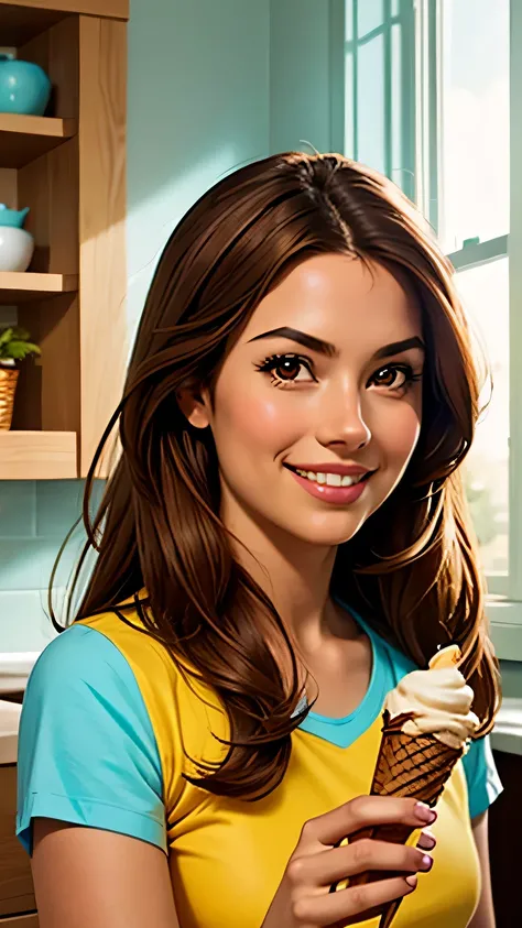 1girl, 2, solo, long hair, food, brown hair, depth of field, smile, ice cream cone, ice cream, holding food, brown eyes, shirt, short sleeves, indoors, window, yellow shirt, upper body