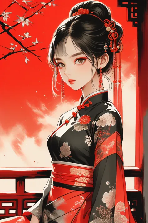 One girl, Paris Colle model, fashion illustration, anime style, super real, detailed sketch, beautiful fine eyes, beautiful lip details, ((detailed skin)), slim body, full body shot, model pose, bright, (detailed cheongsam), detailed cheongsam, red gradien...