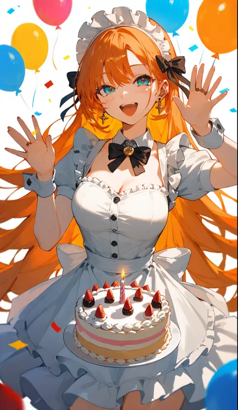 /imagine prompt: A girl with long orange hair in a maid outfit standing beside a birthday cake, waving towards the cake. The cake is decorated with a "Happy Birthday" message --v 6 --style raw --ar 16:9