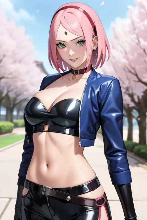 tmasterpiece， Best quality at best， 1girll， Sakura Haruno， Large breasts，sexy ninja suit attire，（cleavage)，（upperbody closeup)，Raised sexy，is shy，ssmile，with pink hair， long whitr hair， （Green eyeballs:1.4)， Forehead protection， the cherry trees，Cherry blo...