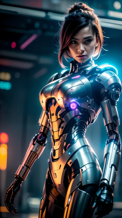 A female cyborg with a robotic body in a cyberpunk setting, heroine from Blade Runner, , full height, whole body, Futuristic sci-fi scene, cinematic, (best quality,8 k,high resolution,masterpiece:1.2),ultra-detailed,(Realistic,photoRealistic,photo-Realisti...