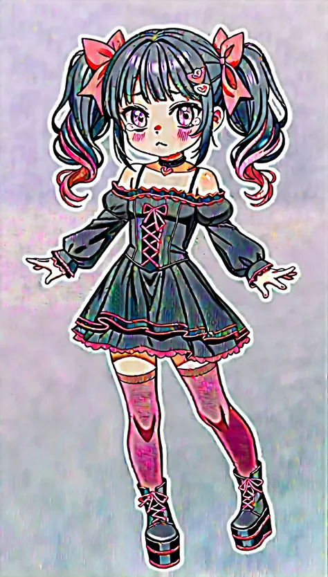 (((chibi anime style, young girl, three-heads tall))), with vibrant pink and purple gradient eyes, featuring bold "Jirai kei" makeup, including thick black eyeliner and subtle blush on her cheeks. She has long, straight black hair styled in high twin tails...