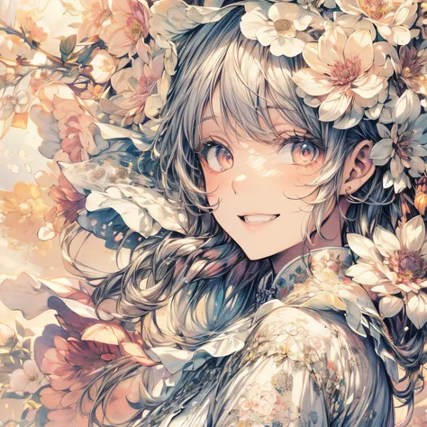 An illustration that fully extrudes flowers in pale and soft colors. The flowers are drawn with crayons, and are very detailed and sophisticated. The girl is smiling and looking at us. Masterpiece, best quality, extremely detailed CG unity 8k wallpaper,