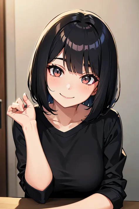 Draw an anime illustration of a smiling beautiful woman with black bob-length hair。I&#39;m planning on using it as an icon for SNS so anything sexy is prohibited.