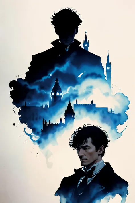 Silhouette Touch、watercolor paiting、Sherlock Holmes、Watson、２Male Gentlemen、Nightmare on Baker Street、London in the City of Fog、１９Second half of the century