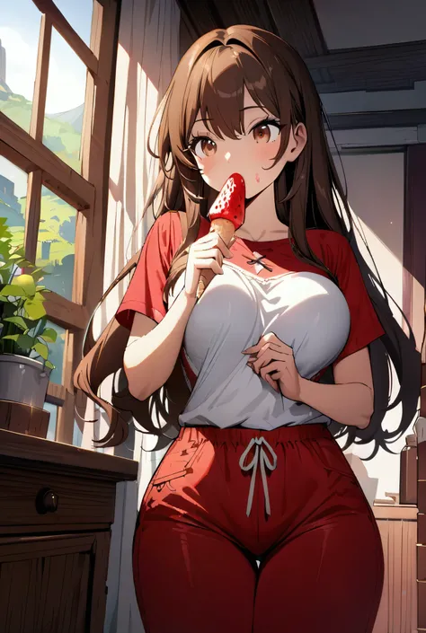 masterpiece, ultra detailed, best quality, illustrations, detailed Beautiful anime girl, detailed bedroom scenery, standing up, eating a strawberry ice cream, detailed brown hair, long hair, detailed sweet face, detailed brown eyes, detailed sweet look, de...