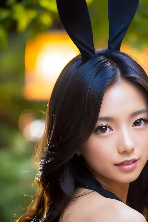 (Best Quality, masterpiece, Photorealistic, Super detailed, Ultra-high resolution, born:1.3), Beautiful Japanese Women, 2, (Black Playboy Bunny:1.3), Glamorous body, (Big Breasts:0.9),Full body portrait, Look at viewer , (A seductive smile:0.9), (Wrist cuf...