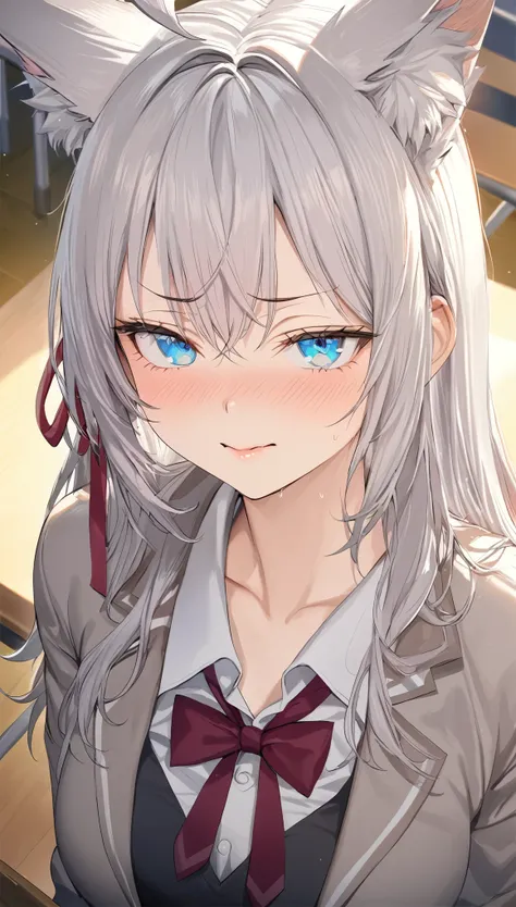 1 girl, long hair, silver hair, hair ribbon, blue eyes, fox ears, fox tail, embarrassed expression, medium chest, grey uniform, Japanese high school classroom, beautifully detailed eyes, beautifully detailed lips, highly detailed eyes and face, long eyelas...