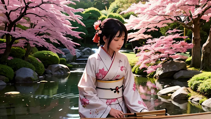 Image of a woman in a kimono holding a shamisen in a Japanese garden。