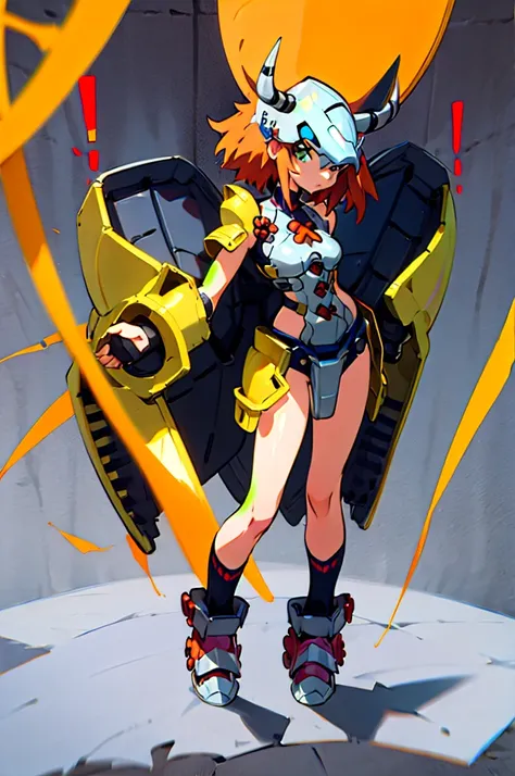 1 girl, solo, small breasts, looking at viewer, full body, standing, female focus, wargreymon armor helmet digimon bandai namco horns
