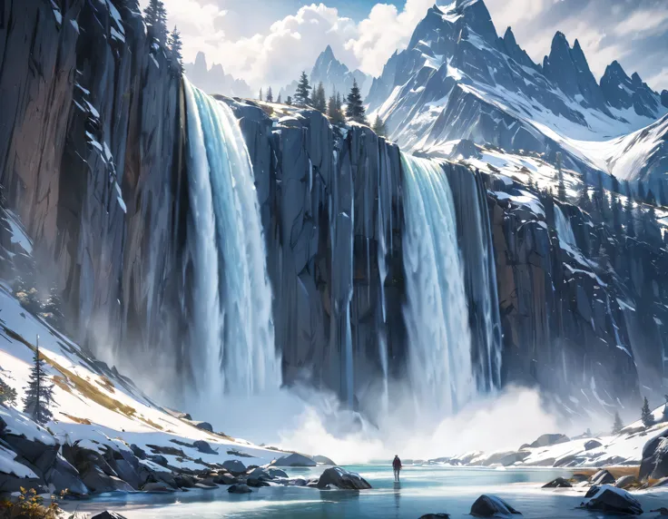 Super huge mountain、The Alps、Amazing views、Wonderful nature、Fantasy、Huge waterfall、High resolution、Best Quality、masterpiece,best quality, 4k, 8k, highres, (masterpiece:1.2), ultra-detailed, (photo realistic,:1.37), 