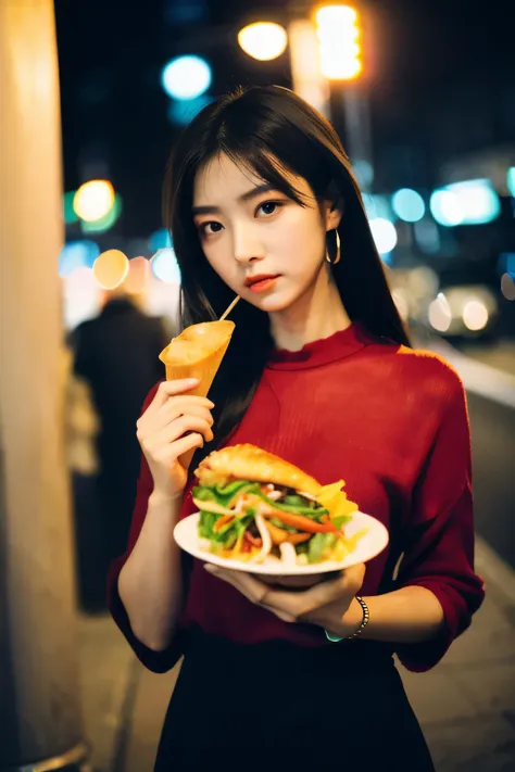 a beautiful korean fashion model in a blurred urban night, eating a balanced meal, cinematic aesthetic, detailed face and figure, elegant pose, dramatic lighting, shallow depth of field, vibrant colors, moody atmosphere, high quality, photorealistic