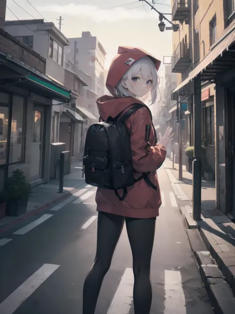 red-hooded lady in a red hooded jacket, mini backpack, and loafers is crossing the street in a crosswalk on her way to school. She turns around suddenly, smiling and waving lightly to someone who is staring at her. Although this is an everyday scene on her...