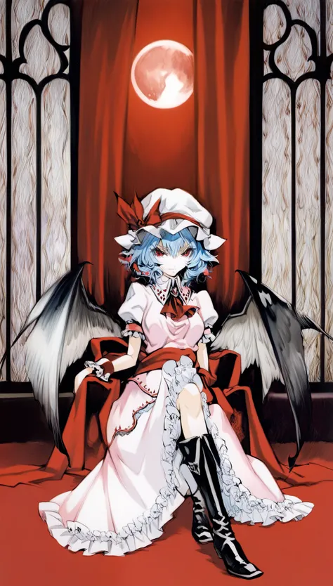 1girl, solo, ceiling, full body, crossed leg, sitting, royal throne, red carpet, red curtain, Window, red full moon, red night sky, Gloomy painting style, traditional media,
Anime Girls, remilia scarlet, blue hair, dress, frills, hat, hat ribbon, mob cap, ...