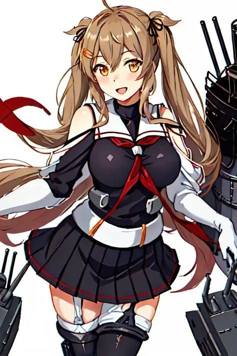 Best Quality, masterpiece, High resolution, Alone, (Murasame Kai Ni_Kantai Collection:1.15), 長いhair, ライトブラウンhair, Yellow Eyes, Red Eye, ribbon smile, Seraphim, hair_ribbon(Black Sailor Suit), (White sailor collar), chest, Twin tails, Two_side_up, hair_flap...