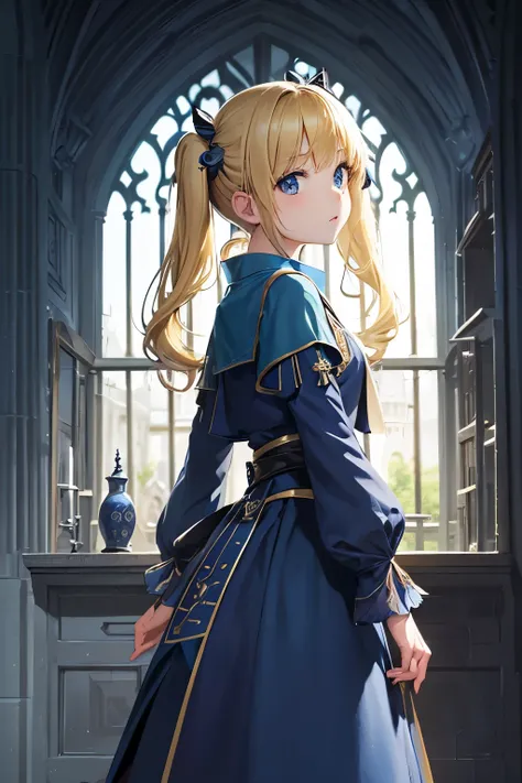 Best Quality, Masterpiece, High Resolution, 1girl,Castle towers, Harry Potter, Ravenclaw, lounges, arched windows, blue silk hanging on the walls,(((Petite girl with blonde twin tails))),,(),((())),(()),((ステンドグラス)),