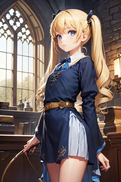 Best Quality, Masterpiece, High Resolution, 1girl,Castle towers, Harry Potter, Ravenclaw, lounges, arched windows, blue silk hanging on the walls,(((Petite girl with blonde twin tails))),,(),((())),(()),((ステンドグラス)),