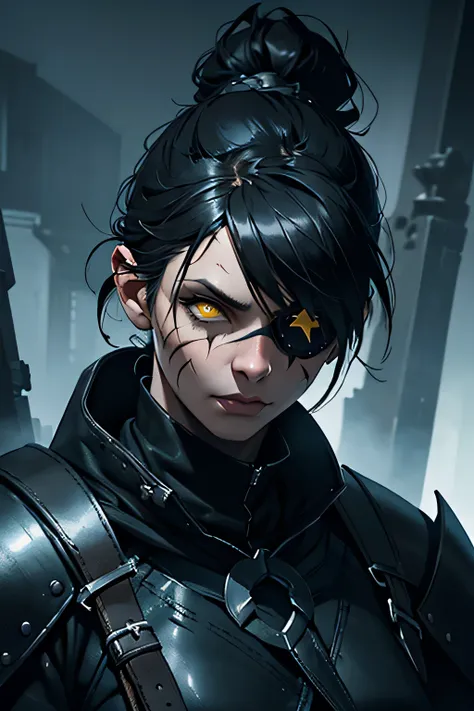 a woman with black hair tied up, yellow eyes, wearing an eye patch, claw marks and scars across her face, wearing black leather armor, dramatic lighting, highly detailed, cinematic, digital painting, concept art style, dark fantasy, moody atmosphere, muted...