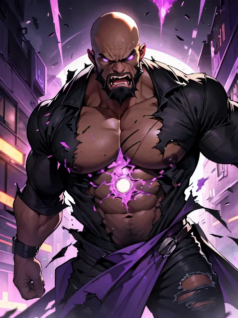 strong black men, bald, long beard, black shirt, torn clothes, toxic purple power, purple fungus power, contaminated by purple fungus, monstrous, crazed, enraged, rage, screaming, fury, evil, scifi, destructed hospital background, hospital background, scif...