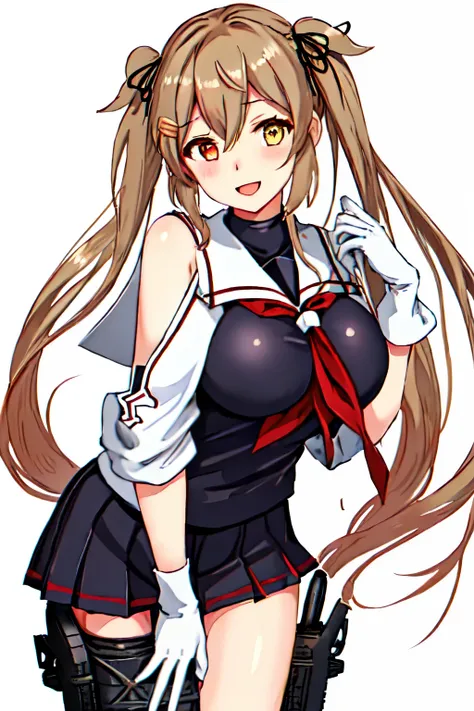 Best Quality, masterpiece, High resolution, Alone, (Murasame Kai Ni_Kantai Collection), 長いhair, ライトブラウンhair, Yellow Eyes, Red Eye, ribbon, smile, hair_ribbon, (Black Sailor Suit), (White sailor collar), chest, Twin tails, Two_side_up, hair_flap, hair_ornam...