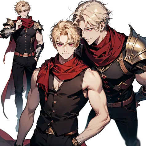 ((Masterpiece, Highest quality)), Detailed face, character design sheet, Manly, Mage, Magic User， full bodyesbian, Full of details, Highly detailed, Depth, Many parts, Muscle boy with blonde short hair，red eyes, handsome man, black sleeveless T-shirt, blac...