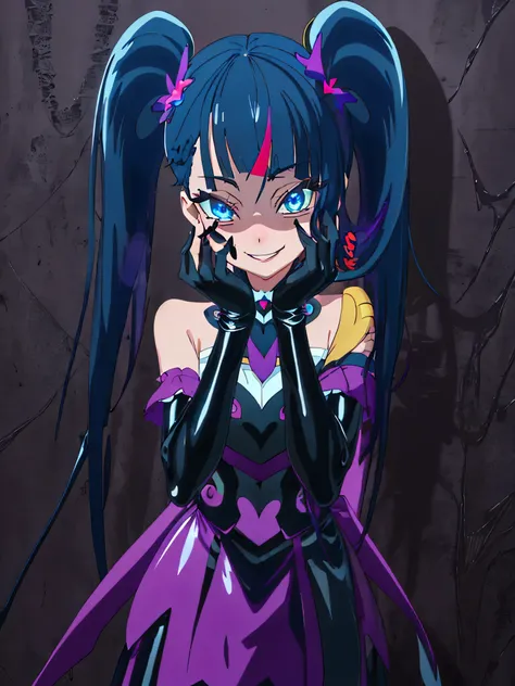 Highest quality, Very detailed,One Girl, alone, {cure_null_hirogarunullprecure:1.15}, Dark blue hair, blue eyes, Blue flames in the eyes, Long Hair, Twin tails, Magical girl, bangs, Open your mouth, Redhead, multicoloRedhead, One Girl, blunt bangs, Darken ...