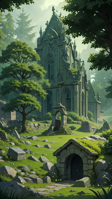 contemporary landscape, medieval village, stone building, stone temple in middle, viking burial mound, cracked stones, green foliage, green bushes, green grass, green moss, forest, smoke, mist, mysterious atmosphere, lone wonderer, flapping cloak