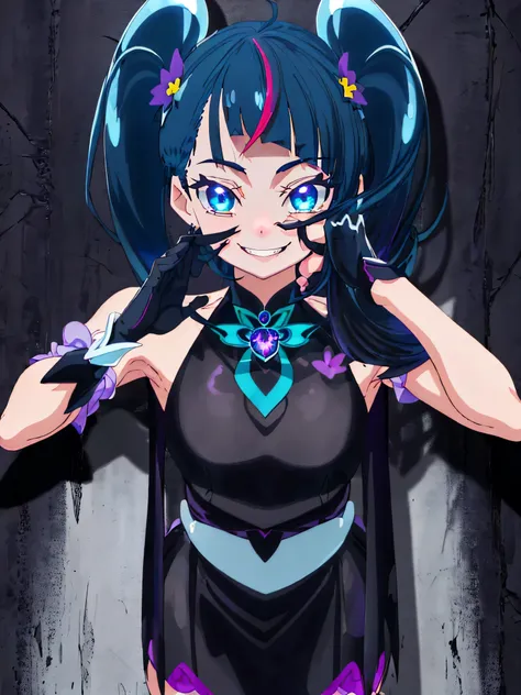 highest quality, very detailed,one girl, alone, {cure_null_hirogarunullprecure:1.15}, dark blue hair, blue eyes, blue flames in ...