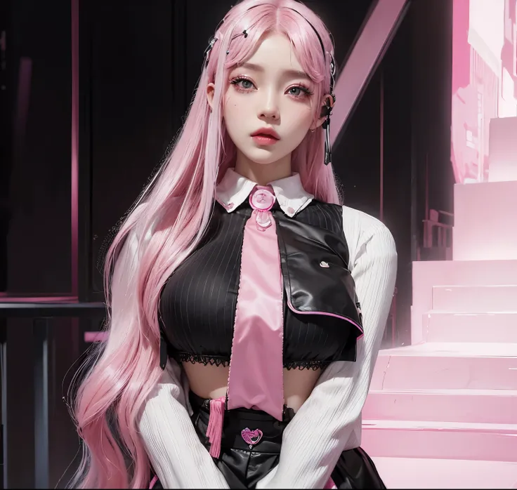 aVATAR SECOND LIFE korean girl wearing white and black blouse, pink hair, pink hair, pink hair, Asian, perfect and detailed face, imvu, maximalist details, AVATAR SECOND LIFE Korean blusa , neon