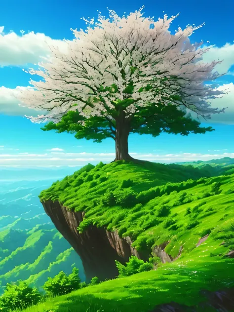 a large tree, on a small cliff edge, wide angle, spring time, beautiful, green vast plains,