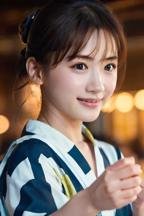 (Beautiful girl dancing in the night:1.8), (Yukata:1.5), (Baby Face:1.4), (Best Quality:1.4), (Highly detailed and realistic skin:1.3), (Very detailedな髪と顔), Very detailed, (smile:1.5), (Child body type:1.8), (Flat Chest:1.3), (Skinny body type:1.4), (Face ...