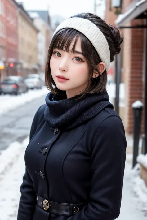 (masterpiece, Best Quality),One Girl, Alone, Black-haired, scarf, Have, Realistic, Realistic, Gazing at the audience, Light-coloured black eyes, Short Brunette Bob, Brown coat, Winter clothes, White headscarf, Lips are banned, Outdoor, Mouth closed, Upper ...