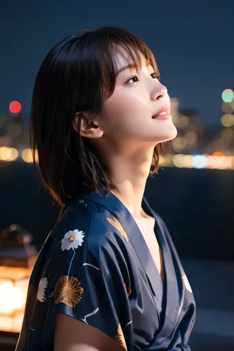 (beautiful girl looking up at night:1.5), (yukata:1.5), (baby face:1.4), (best quality:1.4), (highly detailed and realistic skin...