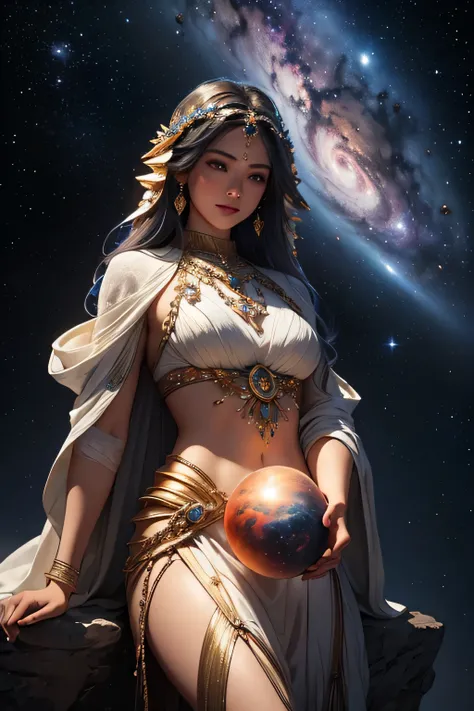 Create a realistic landscape image of the universe with the Andromeda Galaxy as the center (not the focus) and other components such as nebulae, comets, and planets. This supremely beautiful goddess of the Creator of the Universe gazes out into deep space.