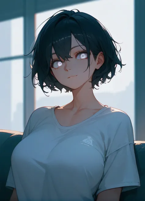 Score_9,Score_8_up,Score_7_up,11Girl,Alone,Watching the audience,Short Hair,Black Hair,Confused eyes,smile,White Eyes,White T-shirt、Oversized,Large Breasts, masterpiece, 