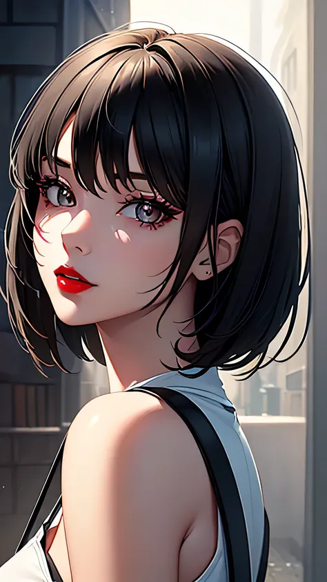 (The best quality at its best,8k,High resolution,masterpiece:1.2),Digital Art, One Girl，Detailed face，Fine grain，Black Hair，Short Straight Hair，Glowing grey eyes，Red lips，suspenders