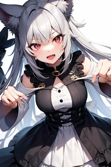 One girl, Wolf Ears, The fangs are sharp, Grey Hair, Wolf Cut,Slanted Eyes,anime,look up, anime風, White clothes,One-eyed simple background, Character design drawings, 