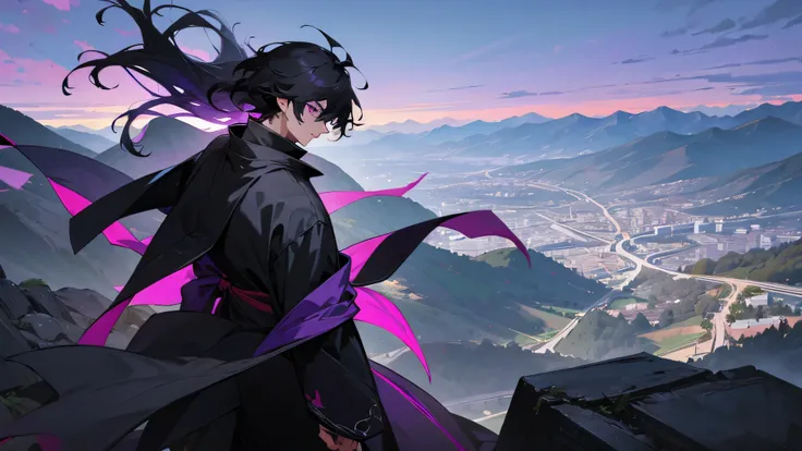 1 male , Black Hair , Purple Eyes , Messy Hair , Black kimono, Ninja clothing , young , Black turtleneck , Mountain Background , Standing on top of a mountain